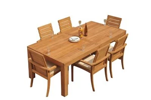 A-Grade Teak 7pc Dining Canberra Rectangle Table Algrave Stacking Arm Chairs Set - Picture 1 of 6