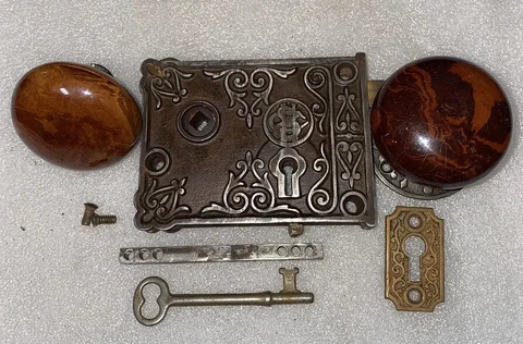 Antique Shapleigh Hardware Rim Lock with Bennington Knobs and Key Cover