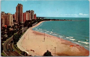 Chicago IL Gold Coast Lake Michigan Postcard Beach Buildings Old Cars Skyline - Picture 1 of 2