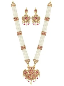Hyderabad Indian Faux Pearl Long Bridal Party Wear Necklace Fashion Jewelry Set - Picture 1 of 4