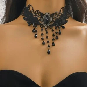 Gothic Multilayer Black Crystal Black Lace Necklace Club Decor Neck Jewelry - Picture 1 of 6
