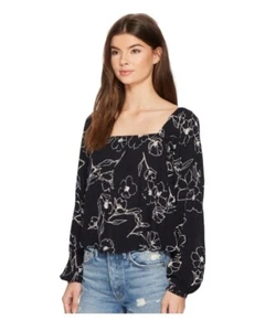 Billabong gesmokte Cropped Bluse Damen Groovy Puffärmel schwarz botanisch L - Bild 1 von 9