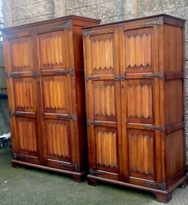 FINE PAIR OAK ARTS & CRAFTS 2 DOOR WARDROBES 2 MAN DELIVERY - Picture 1 of 19
