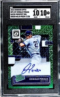 2022 Donruss Optic Oswald Peraza Rated Prospect Auto Green Mojo Prizm Auto /20 - Image 1 of 2
