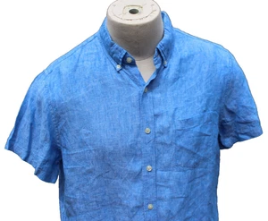 Camicia uomo manica corta J.Crew lino bottoni SLIM FIT taglia large blu tasca - Foto 1 di 9