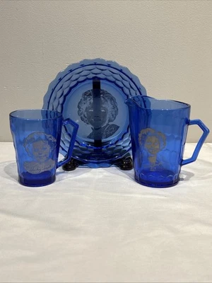 Vtg 30s Shirley Temple Hazel Atlas Cobalt Blue Pitcher Cup Bowl Cereal Set 3 Pc - Image 1 of 4
