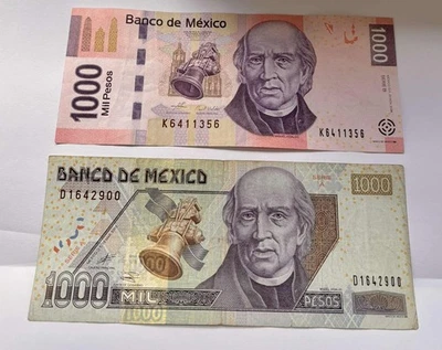 2002,06 El Banco DE MÉXICO 1000 PESOS DIFERENTE COLOR USADO LOTE 2 PIEZAS Foto 1 de 2