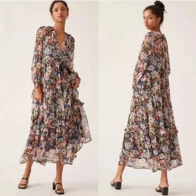 Maxi Vestido Grande Anthropologie The Marais Estampado Floral Transparente Superposición Gasa Foto 1 de 4