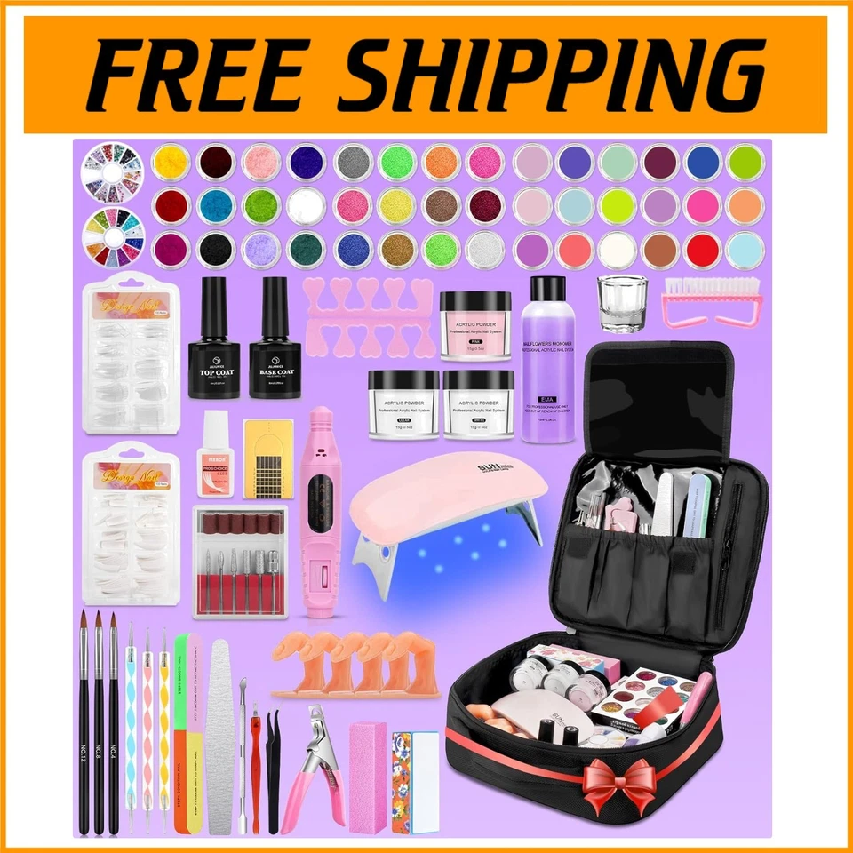 Elegante kit de unhas de acrílico 81 em 1 com broca para unhas, glitter, lâmpada UV e organizador - Imagem 1 de 4