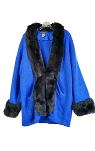 I.B. Diffusion Wool Mohair Trim Coat Jacket Blue Black Large Retro 80s Outerwear - Picture 1 of 14