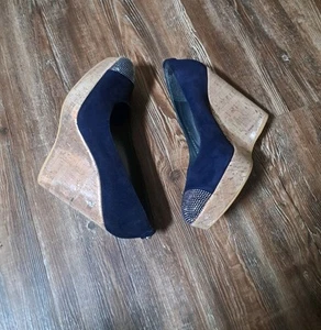 Stuart Weitzman Studswoon Wedge Suede Blue Silver Cork Stud Toe Shoe Size 10. - Picture 1 of 10