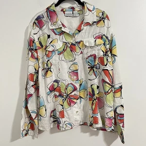 Chicos Leinen Blumen Bluse Gr. 2 / US L weiß gelb Boho tragbar Kunst Knopf 90 - Bild 1 von 5