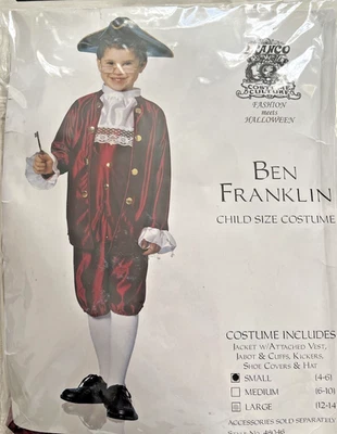 Disfraz para niño Benjamin Ben Franklin talla pequeña 4-6 con fundas para zapatos y sombrero Foto 1 de 4