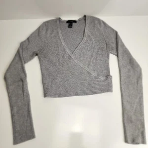 Forever 21 Gray Ribbed Long Sleeve Wrap Cropped Sweater Women's Juniors Size L - Picture 1 of 5