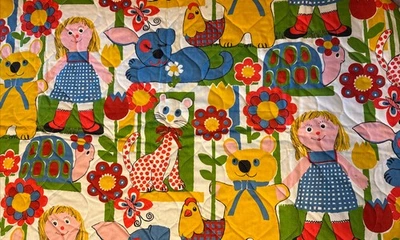 Vintage 70's Prequilted Blanket Fabric Quilt Panel 42”X 23” Remnants Teddy Bear - Image 1 of 4