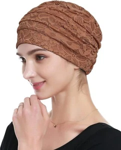 Womens Viscose Beanie Lace Turban Soft Sleep Cap Chemo Hats Brown - Picture 1 of 5