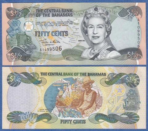 Bahamas 1/2 Dollar P 68 2001 UNC  (Half) Queen Elizabeth II Cover