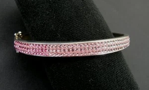 Pink Stones Variegated Enamel Sterling 925 Silver Hinged Oval Bangle Bracelet - Picture 1 of 4