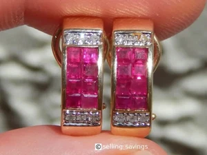 4Ct Princess Simulated Ruby Women's Huggee Hoop Earrings 14K Yellow Gold Plated - Picture 1 of 10