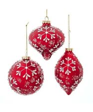 Red White Snowflake Ball Onion Finial Large Glass Ornament 4-6" Set 3 Kurt Adler