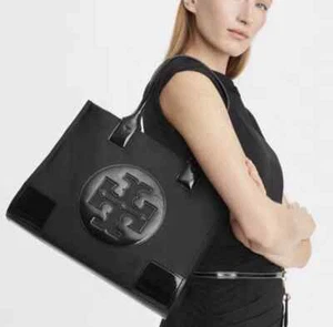 Tory Burch Black Ella Nylon Patent Leather Large Double Handle Tote Bag Handbag - Picture 1 of 15