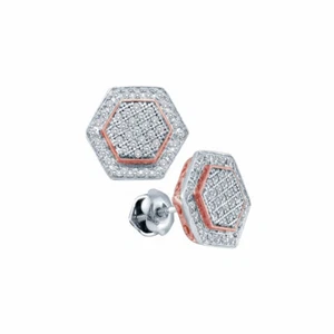 10k White Gold Womens Round Diamond Cluster Rose-tone Hexagon Earrings 1/3 Cttw - Picture 1 of 1