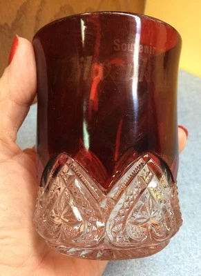 VINTAGE RUBY STAINED MACKEE Glass HEART BAND SOUVENIR MUG Milwaukee, Wis. - Image 1 of 4