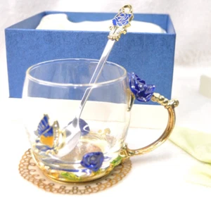 Luxury Unique Glass Tea Cup Coffee Mug & Spoon Blue Rose Butterfly Gold Enamel - Picture 1 of 11