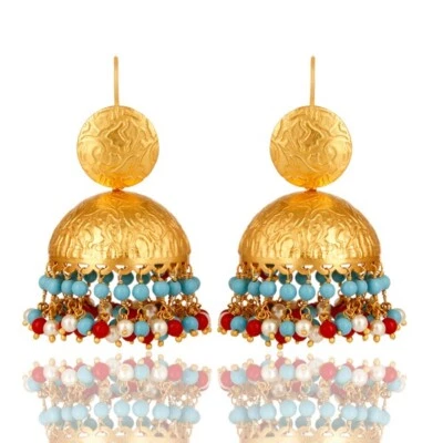 Handmade Textured Disc Yellow Gold Multi Beads Indian Traditional Jhumka Earring - Image 1 of 3