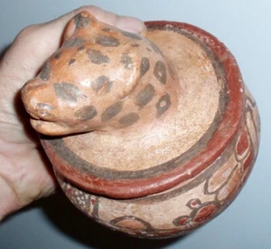 PRE COLUMBIAN EARLY MAYAN AZTEC POLYCHROME JAGUAR LIDDED BOWL JAR VESSEL POT - Picture 1 of 24
