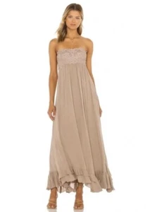 FREE PEOPLE Maxi Dress Adella Corset Strapless BoHo Beige Tan Size XS Ruffle EUC - Picture 1 of 13