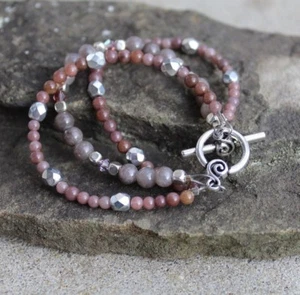 Purple Multi Stone Silver Beaded Triple Bracelet with Toggle Clasp - Picture 1 of 1