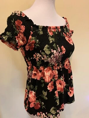 Charlotte Russe Floral Babydoll Top Black Pink Green Size Small - Image 1 of 4