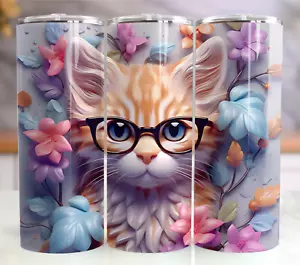 3D Cute Cat Tumbler with Glasses & Floral Accents – 20oz Fun & Stylish Drinkware - Picture 1 of 8