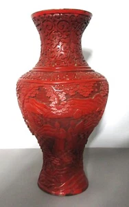 Very Fine Antique CHINESE QING DYNASTY 10.5" Carved Cinnabar Vase  c. 1870s - Picture 1 of 9