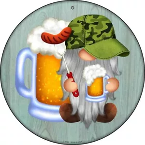 Beer Camo Grilling Gnome Round Circular Metal Sign 12" Home Garage Wall Decor - Picture 1 of 1