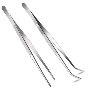 2 Pcs 12 Inch Long Handle Stainless Steel Straight and Curved Tweezers Nippers - Picture 1 of 5