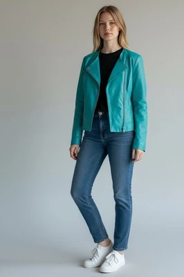 Blazer Newport News de cuero azul turquesa con cremallera frontal para mujer talla 12 Foto 1 de 4