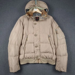 PEUTEREY Jacket Mens L Large Beige Goose Down Puffer Bomber Hooded Real Fur - Picture 1 of 20