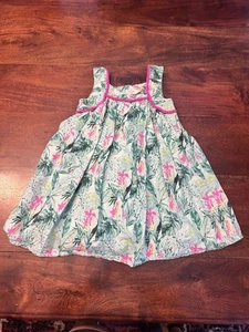 Tommy Bahama Girls Tropical  Summer Dress 4/5 Green Pink Pom Pom Sleeveless - Picture 1 of 5