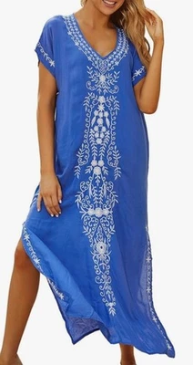 Women's Blue Bohemian V Neck Kaftan Cover Up Summer Beach Dress - Image 1 of 3