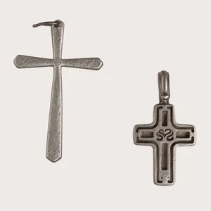 Vintage Two Cross Pendants Set - Silver Tone Design Classic Religious - Picture 1 of 7