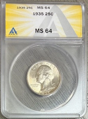1935 Uncirculated Silver Washington Quarter, ANACS MS-64 - Image 1 of 2