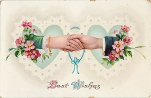 Postal Best Wishes Dos Manos Flores Corazones Publicada - Imagen 1 de 2