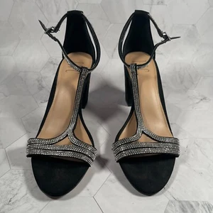 INC Women Keyla Metallic Rhinestone Block Heel Shoes Black Suede US Size 7M - Picture 1 of 13
