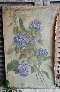 OLD CANVAS PAINTING OIL DECOR FLOWERS HYDRANGEAS - Picture 1 of 6