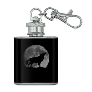 Wolf Howling Moon Silhouette Stainless Steel 1oz Mini Flask Key Chain - Picture 1 of 3