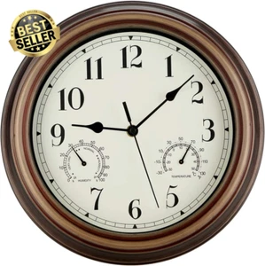 12" Waterproof Indoor Outdoor Wall Clock Silent Non-Ticking with Temp & Humidity - Picture 1 of 7