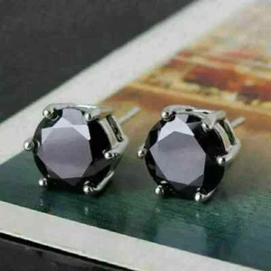 2Ct Round Cut Lab Created Black Diamond Stud Earrings 14K White Gold Plated - Picture 1 of 2