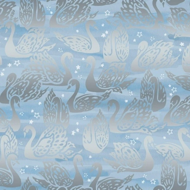 Enchanted Lake Silver  Swan Cotton Fabric RJR  Quilt Blue Sold By The Yard  - Image 1 of 1